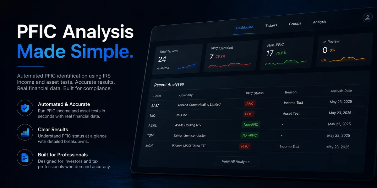 PFIC-Analyzer dashboard showing per-ticker PFIC verdicts